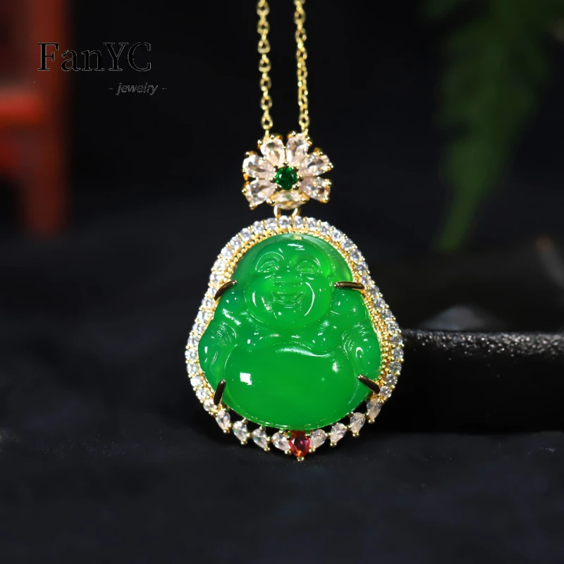 

Natural Hand-carved Ice Green Agate Inlaid Buddha Pendant Female Fashion Charm Maitreya Buddha Mascot Necklace