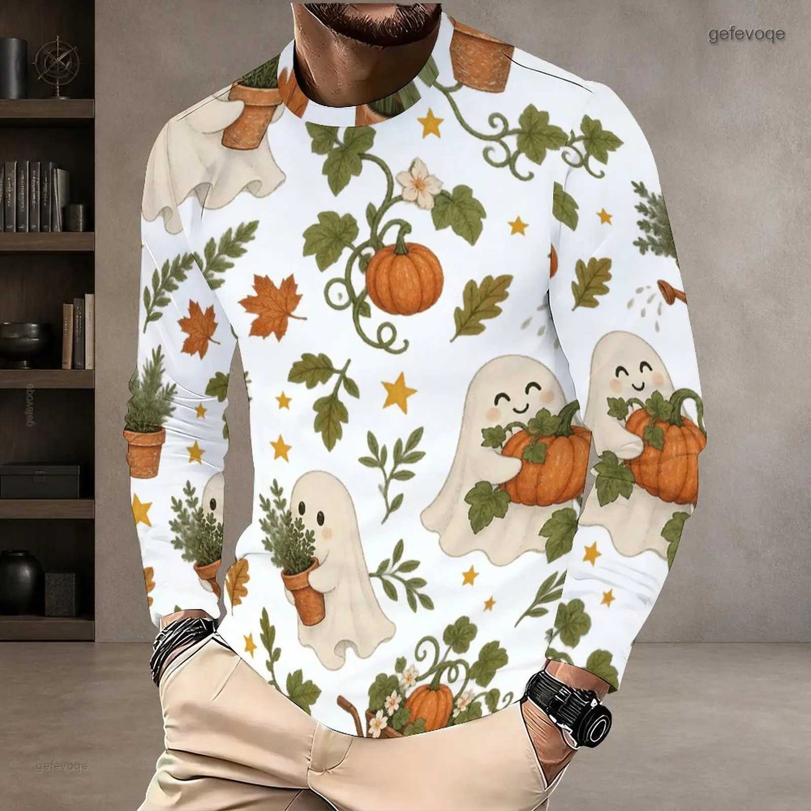 Men Round Neck Long Sleeve T-Shirt, Printed Wizard Frog, Mushroom, Leaf, Moon Star Pattern