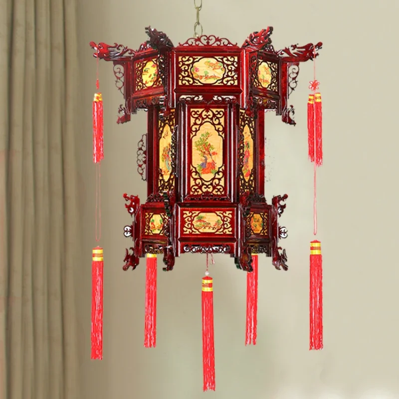 

Chinese Hexagonal Solid Wood Palace Lamp for The Temple Hall Advertising Eight Immortals Chandelier New Year Decoration Lantern