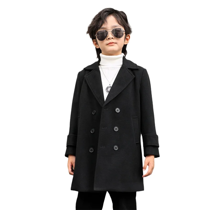 Boys Woolen Coat Overcoat Jacket Windbreak 2024 Black Warm Plus Thicken Autumn Winter Cotton School Children\'s Clothing