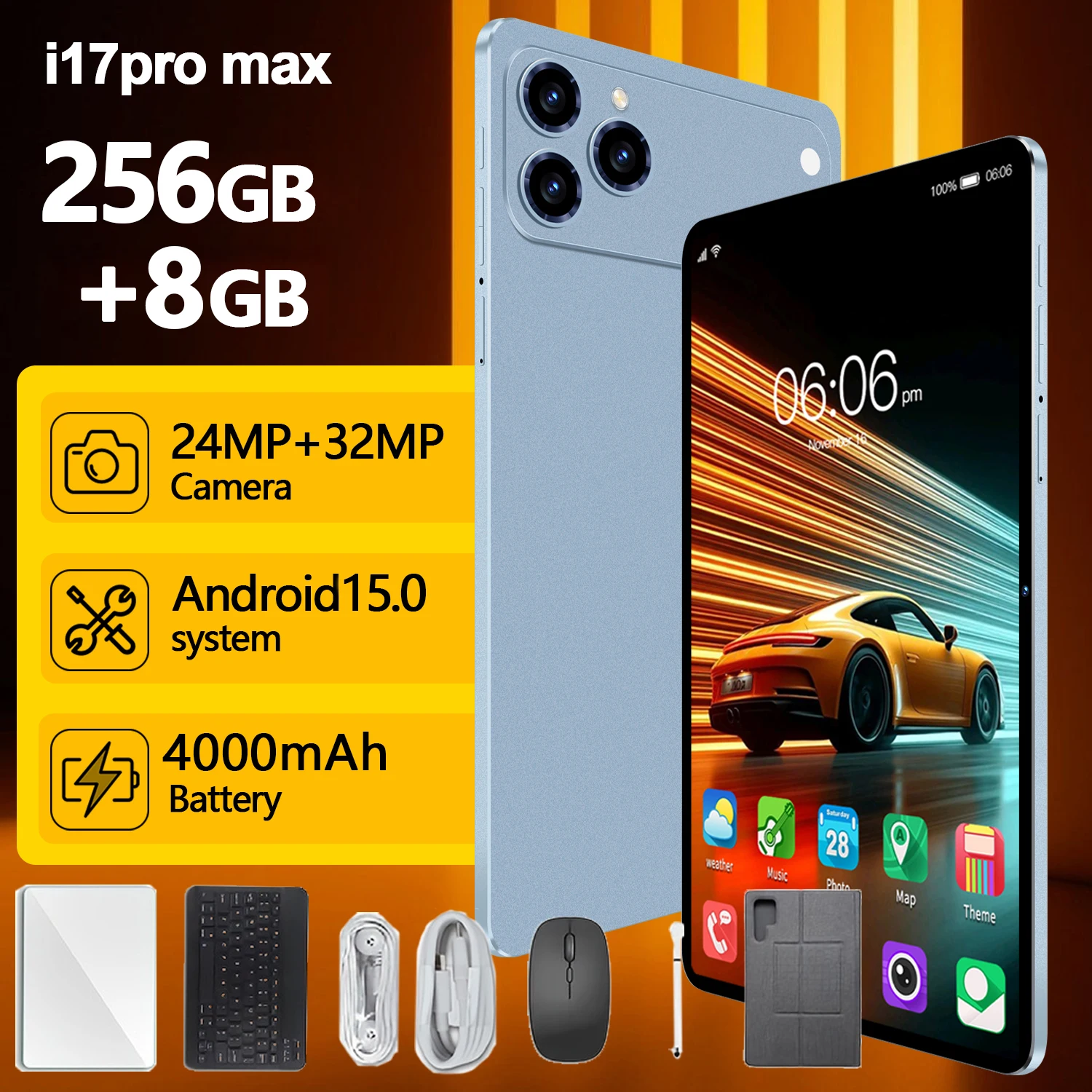 10.1-inch Android 15 operating system tablet, 2-in-1 tablet with keyboard, mouse, protective case, and stylus, 8GB ROM 256GB RAM