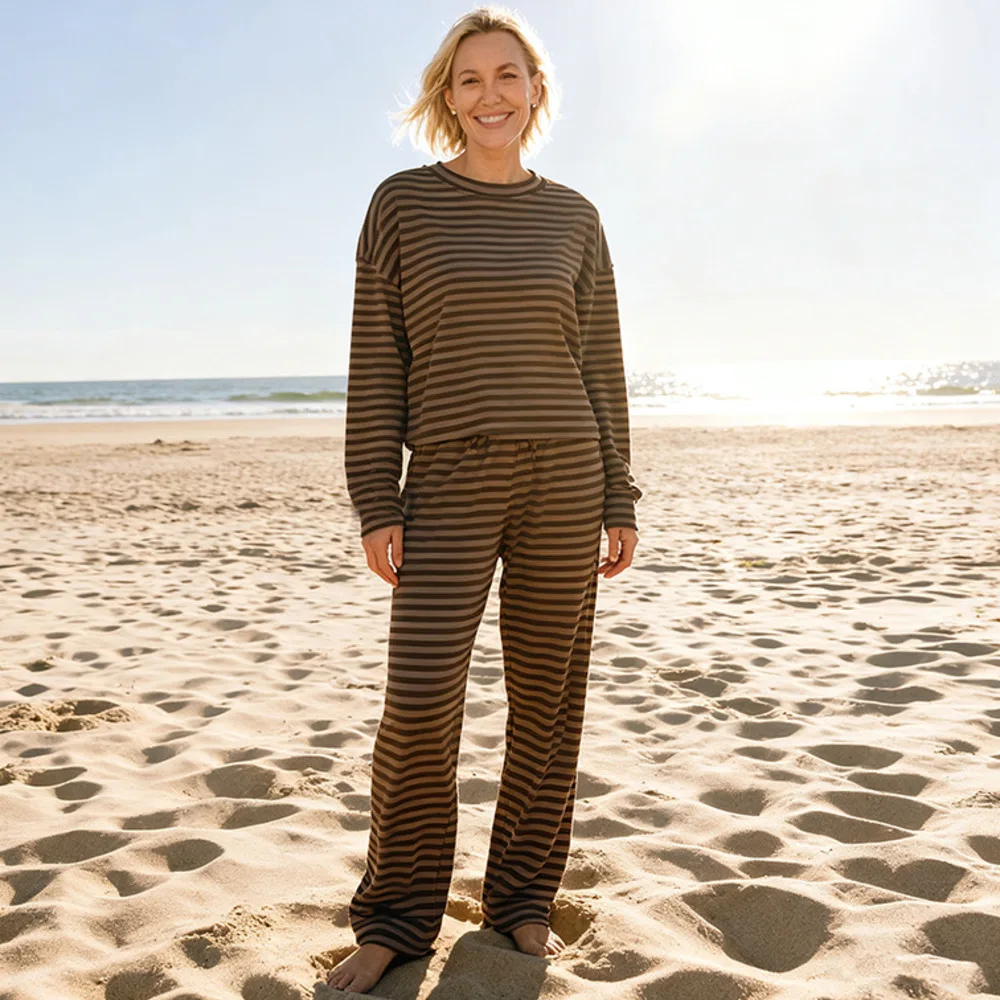 Oniflyme Gestreiften Druck Casual Hosen Set Frauen Mode Rundhals Langarm T-Shirt Kordelzug Lose Hosen Zwei Stück Outfits