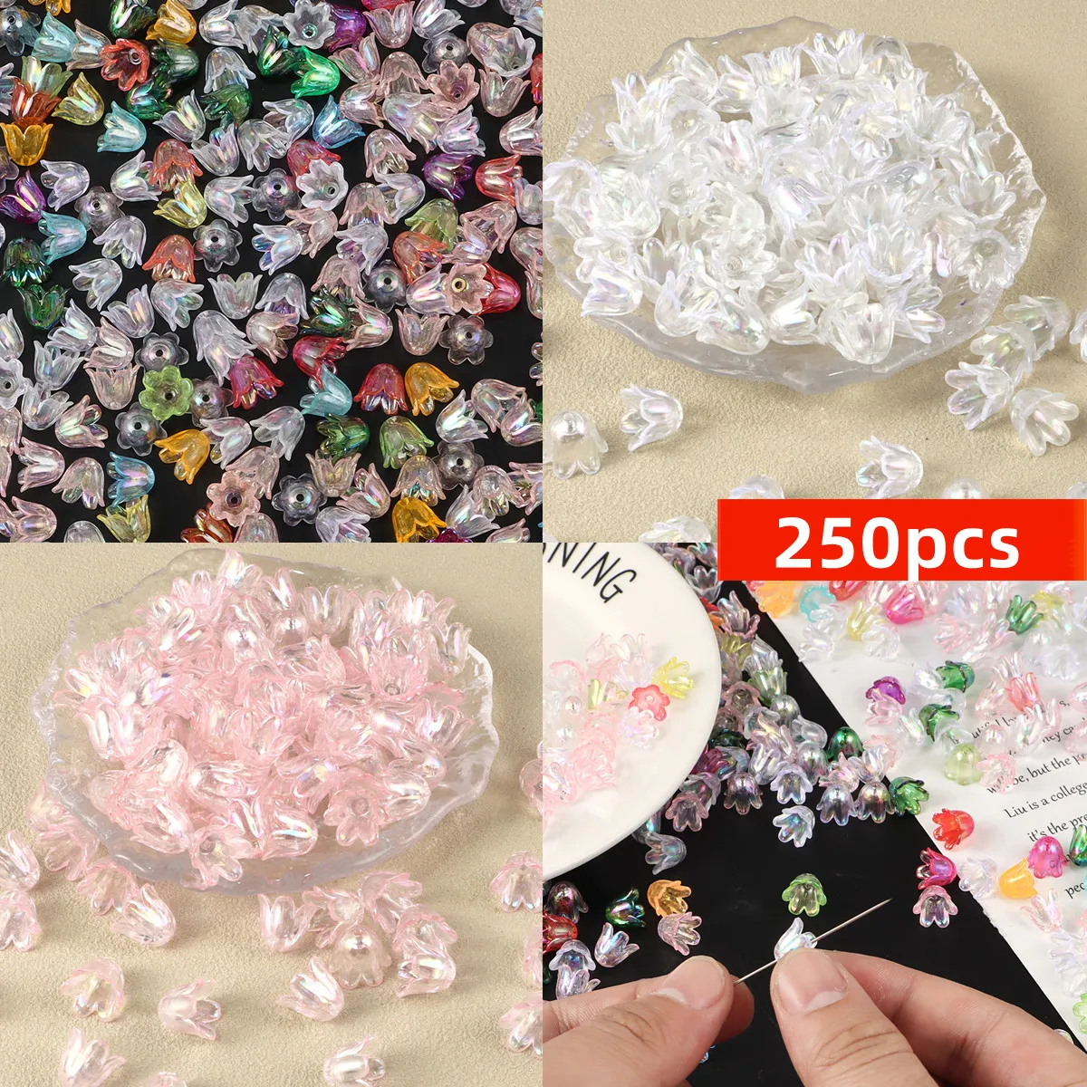 250 piezas de 10 mm AB colorido; Orquídea; Flor de trompeta; Cuentas de flores. Cuentas hechas a mano DIY, materiales, flor de carillón de viento