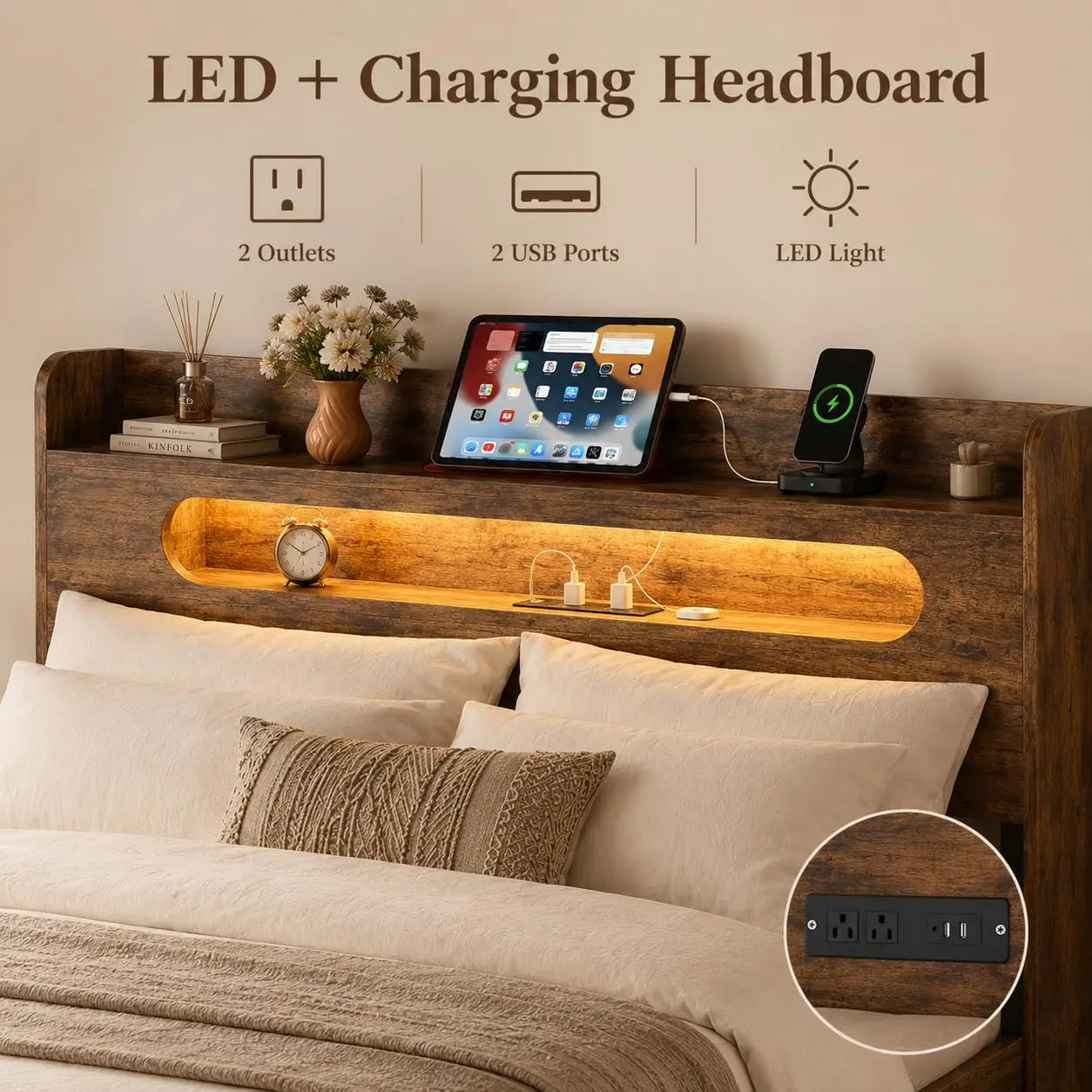 Wood Bed Frame Storage Headboard USB Charging No Box Spring Easy Assembly, Customized image 3