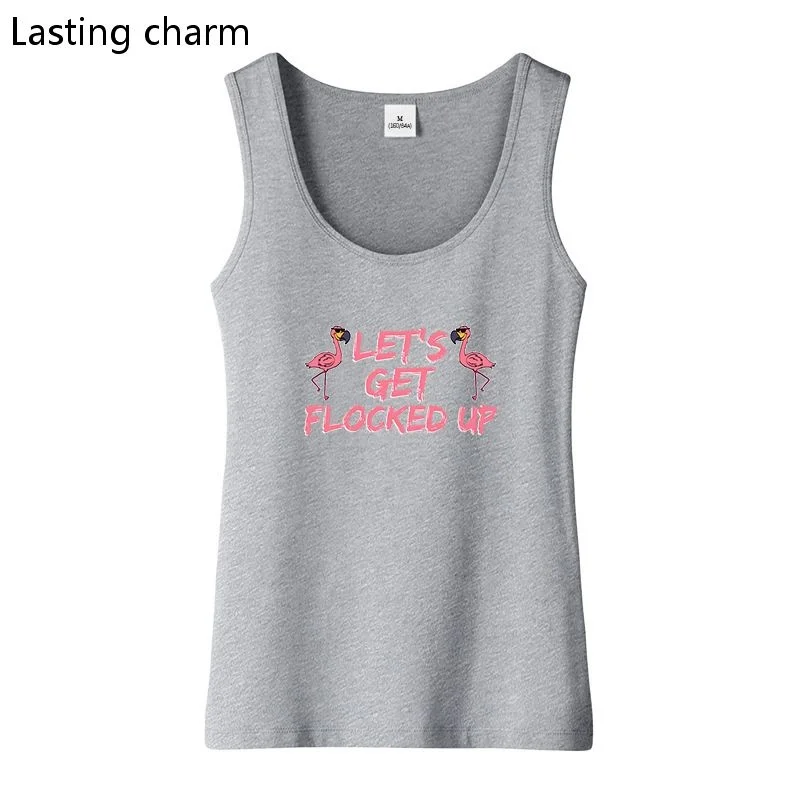 Flamingo Let's Get Flocked Up Pattern Print Long Tank Top Women's Slim Fit Sports Sleeveless Tops