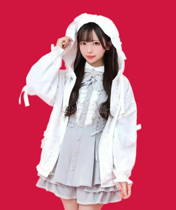 

SC Cute Sweet Girls Japanese Style Versatile Jacket Autumn New Lace Trim Solid Color Zipper Tie Bow Hoodie Coat Sweatshirt