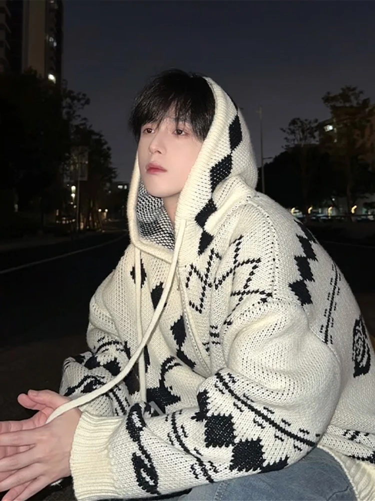 

Diamond Pattern Knitted Cardigan Men's Lazy Sle Winter Coat Soft Comfortable Polyester Long Sve Geometric Design Hoodie