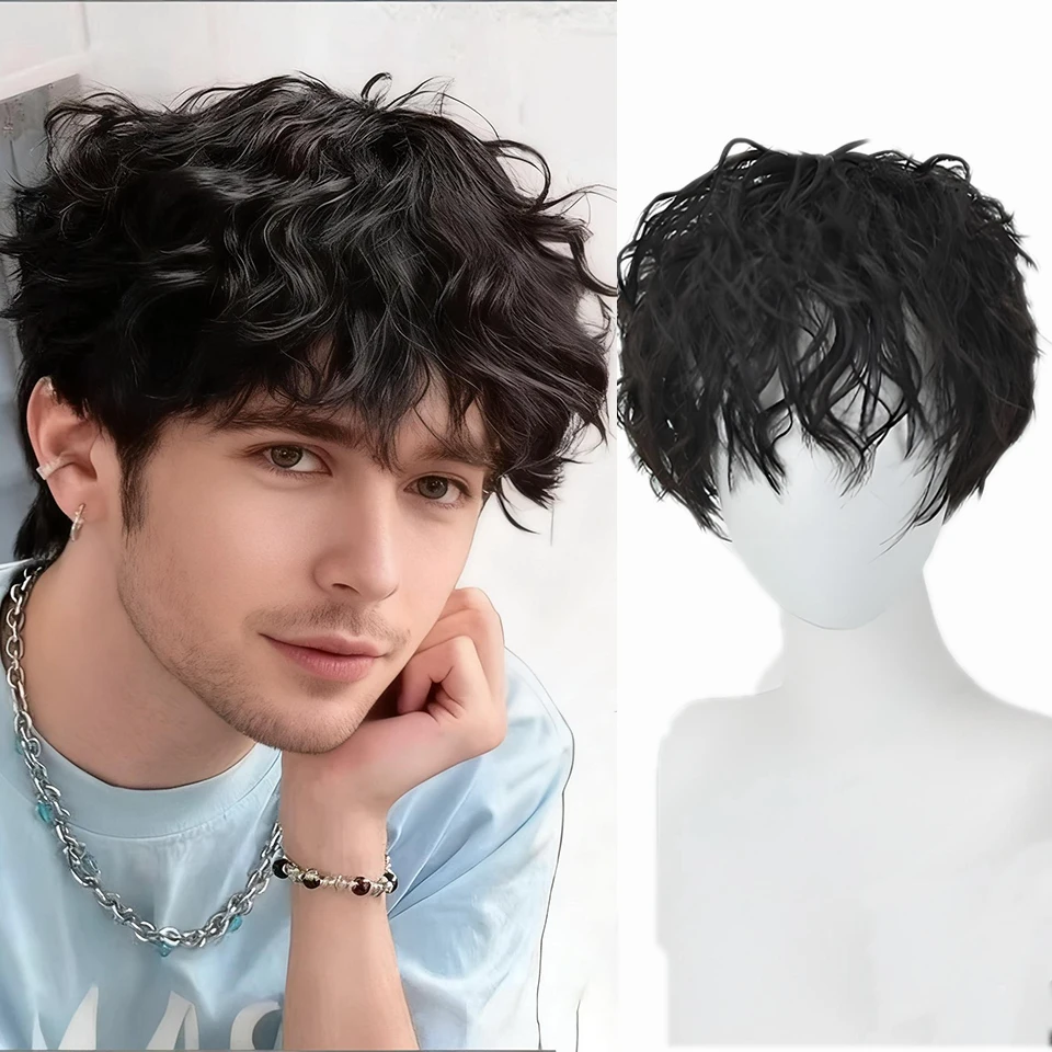 

Черный короткий парик Синтетический высокотемпературный парик Мужские парики для косплея Аниме Вечеринка Ежедневный парик Реалистичные натуральные волосы