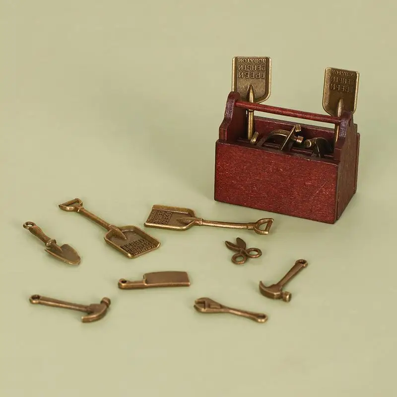 Metal Hammer Pliers Wrench Kit With Wooden Tool Box  Dollhouse Miniature Tool Set For Micro Scene Model DIY Decoration Accessory