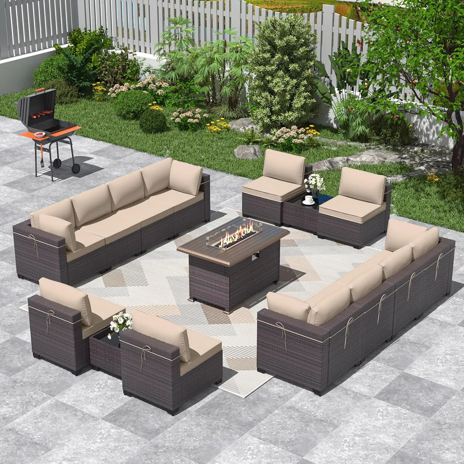 

15 Pieces Outdoor Patio Furniture Set with Propane Fire Pit Table Outdoor Sectional Sofas Brown PE Rattan Conversation Set -Sand