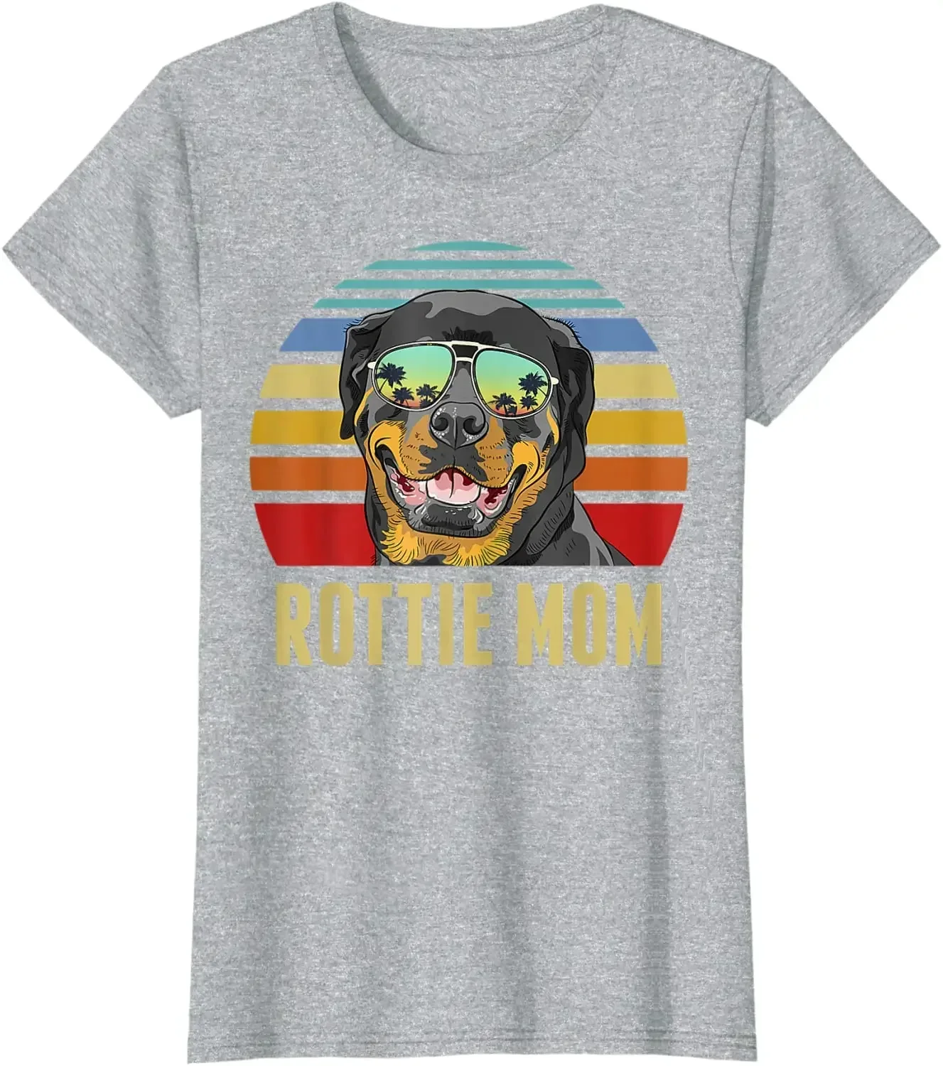 Rottie Mom Rottweiler Dog Vintage Retro Sunset Beach Vibe T-Shirt Casual Loose Cotton T-shirts Short Sleeves Streetwear Pop Tops