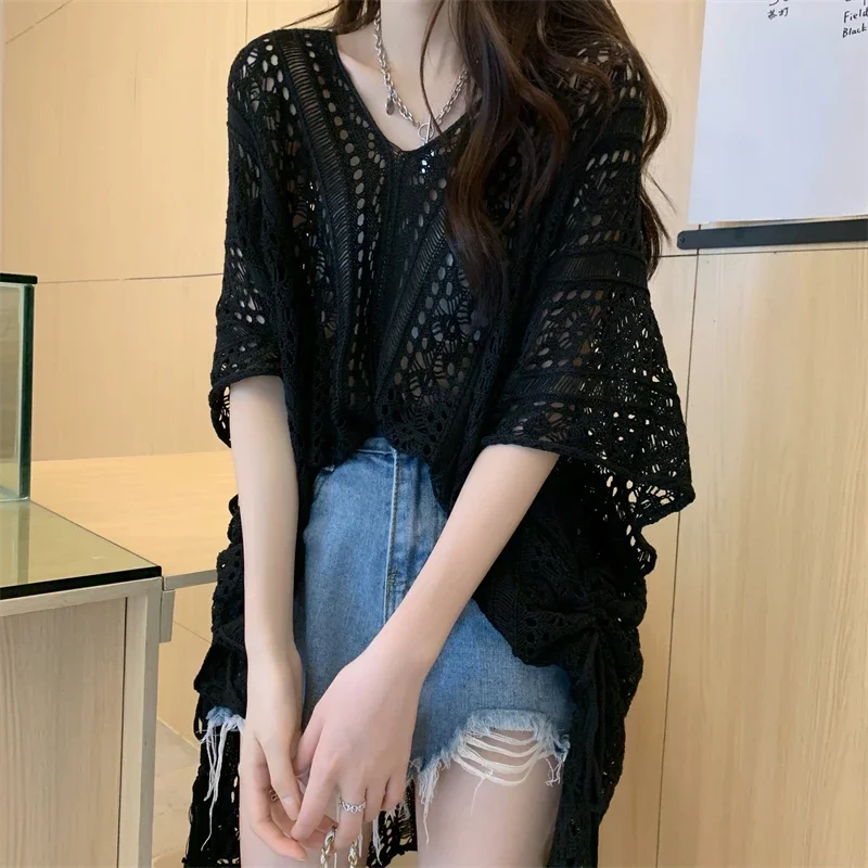 New 2024 Summer Sun Protection Knitted Shirts Women Loose Women\'s Blouse Short Sleeve Woman Long Tops Hollowed Out Clothes 26910