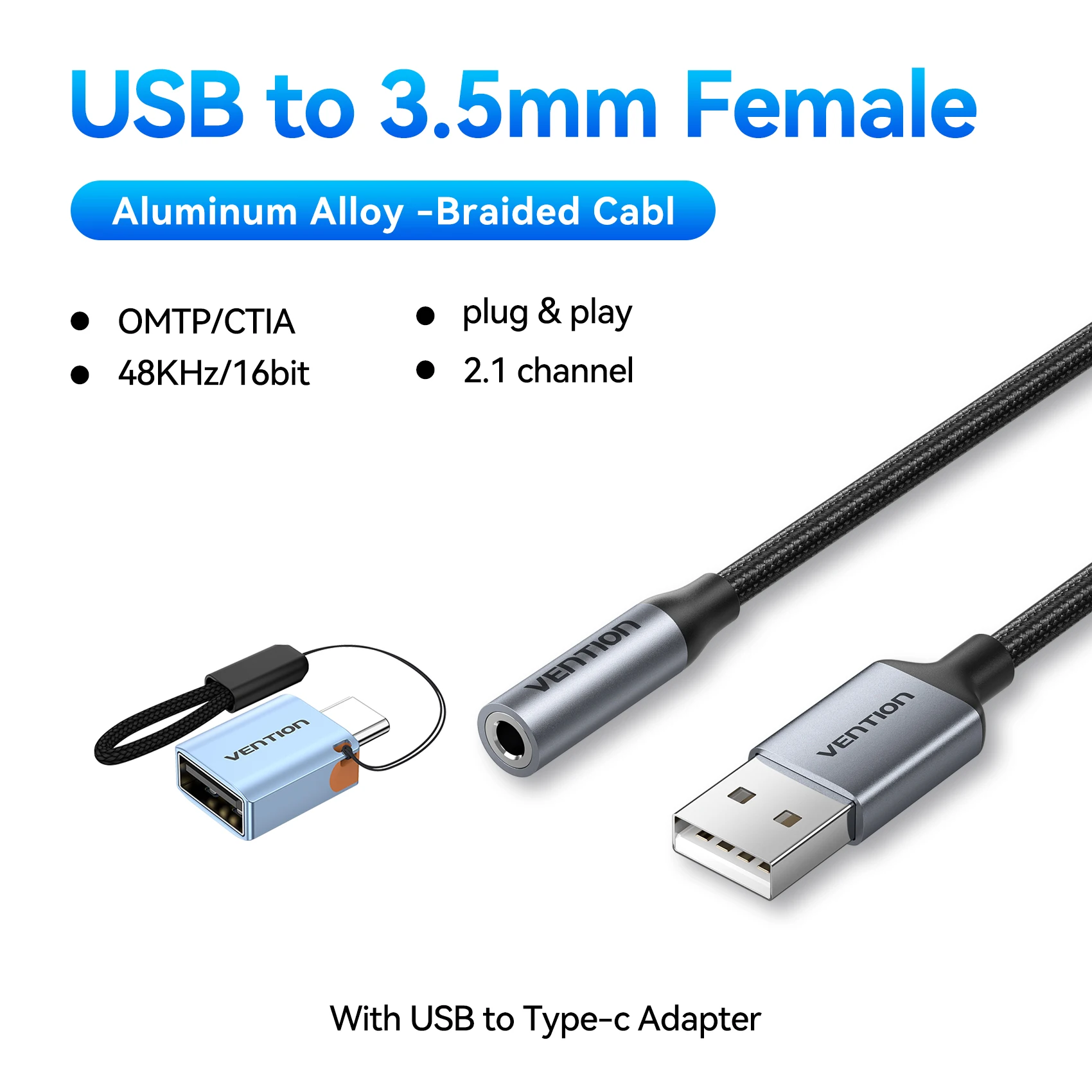 Vention USB naar 3.5mm audioadapter met externe stereogeluidskaart voor hoofdtelefoon, Mac, laptop, PC, PS5, USB naar 3.5mm vrouwelijke jack-kabel