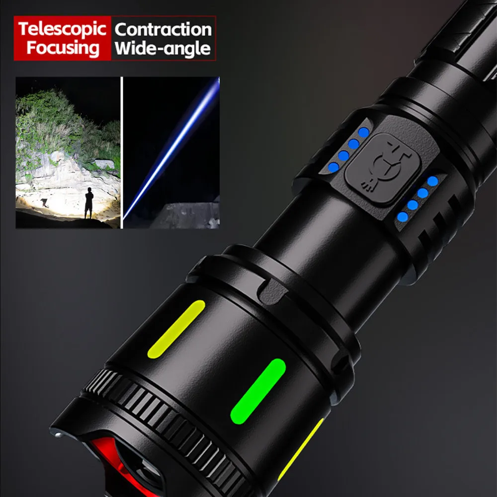 Strong Light Spotlight Long Range LED Flashlight With Fluorescent Strip Telescopic Zoom Outdoor Emergency Lighting Lamp