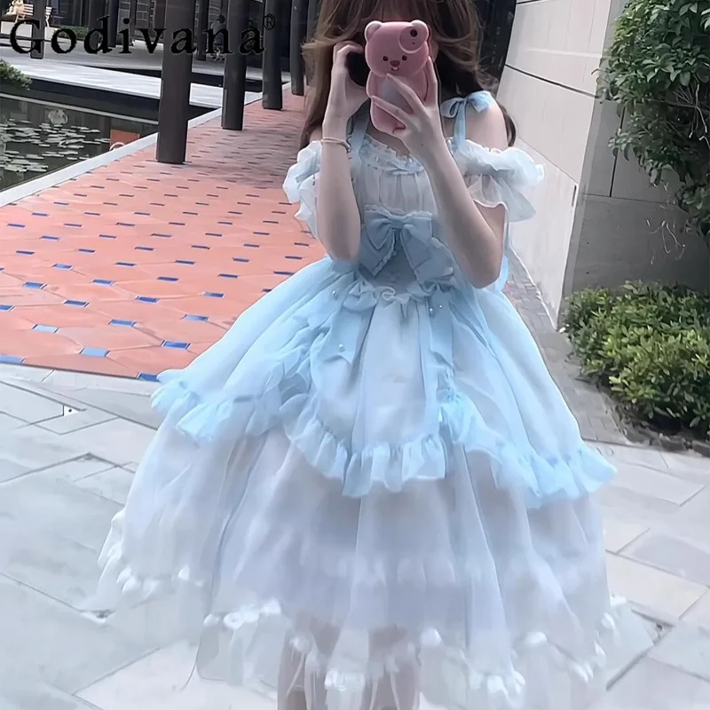 

Sweet and Elegant Long Lolita Dress Women's Japanese Style Blue Lolita JSK Dress Female Princess Bow Birthday Party Dress