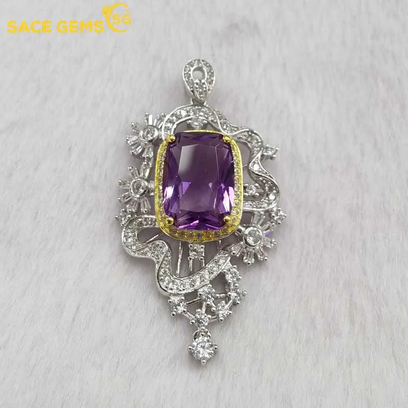 

SACE GEMS Luxury Pendant for Women 925 Sterling Silver 10*14mm Natual Amethyst Pendant Necklace Wedding Party Fine Jewelry Gifts