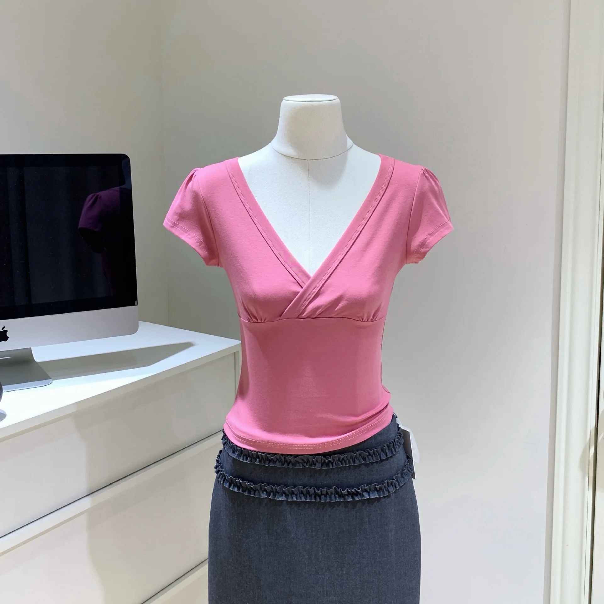 Life Spicy Tee Cross Elastic Short Style Slimming Shoulder Look, V-neck Short Sleeve T-shirt