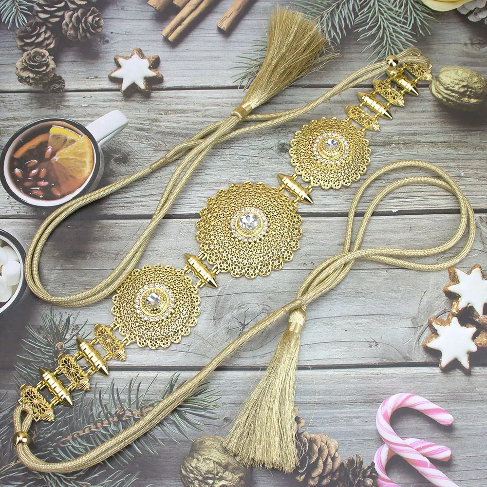 Sunspicems Gold Color Morocco Style Women Waist Belt Hand Rope Chain Tassels Band Arabic Caftan Belt Bridal Wedding Jewelry