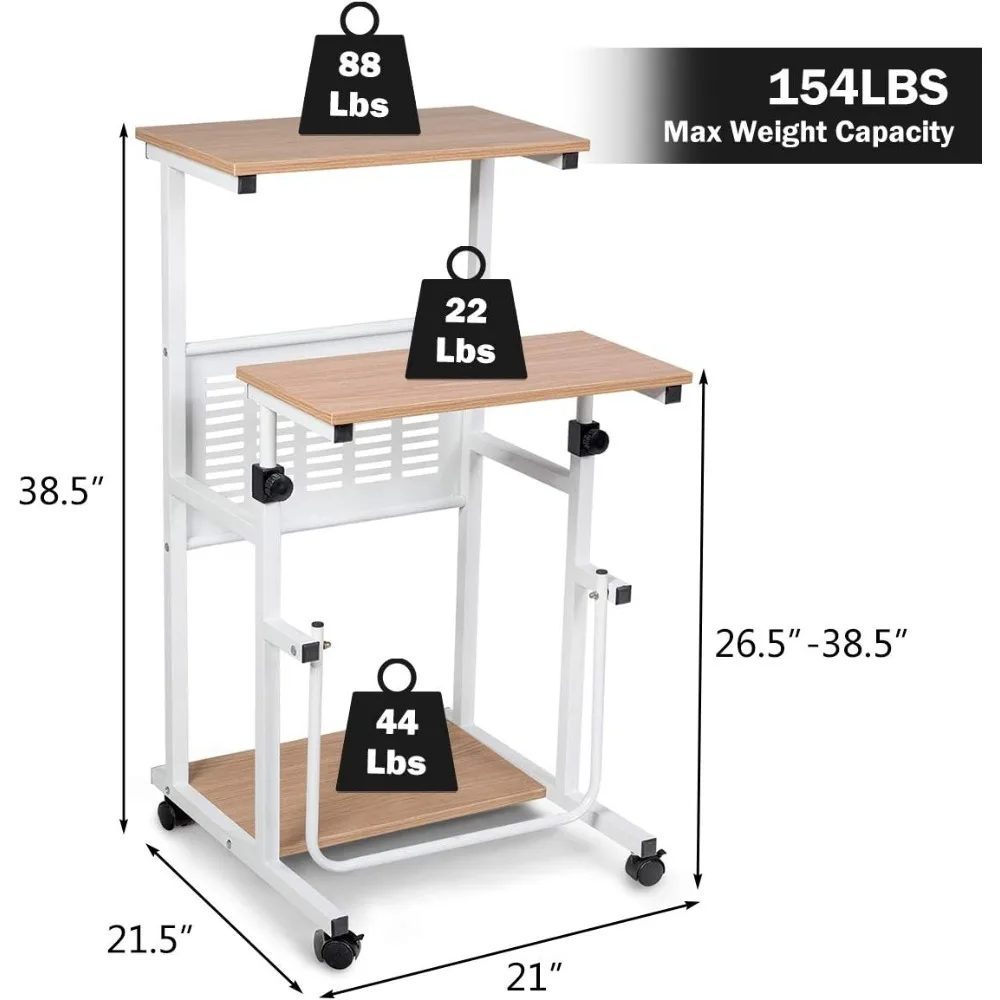 Rolling Standing Desk Stand Up Desk, Height Adjustable Home Office Desk with Standing & Seating 2 Modes, Flexible Wheels &