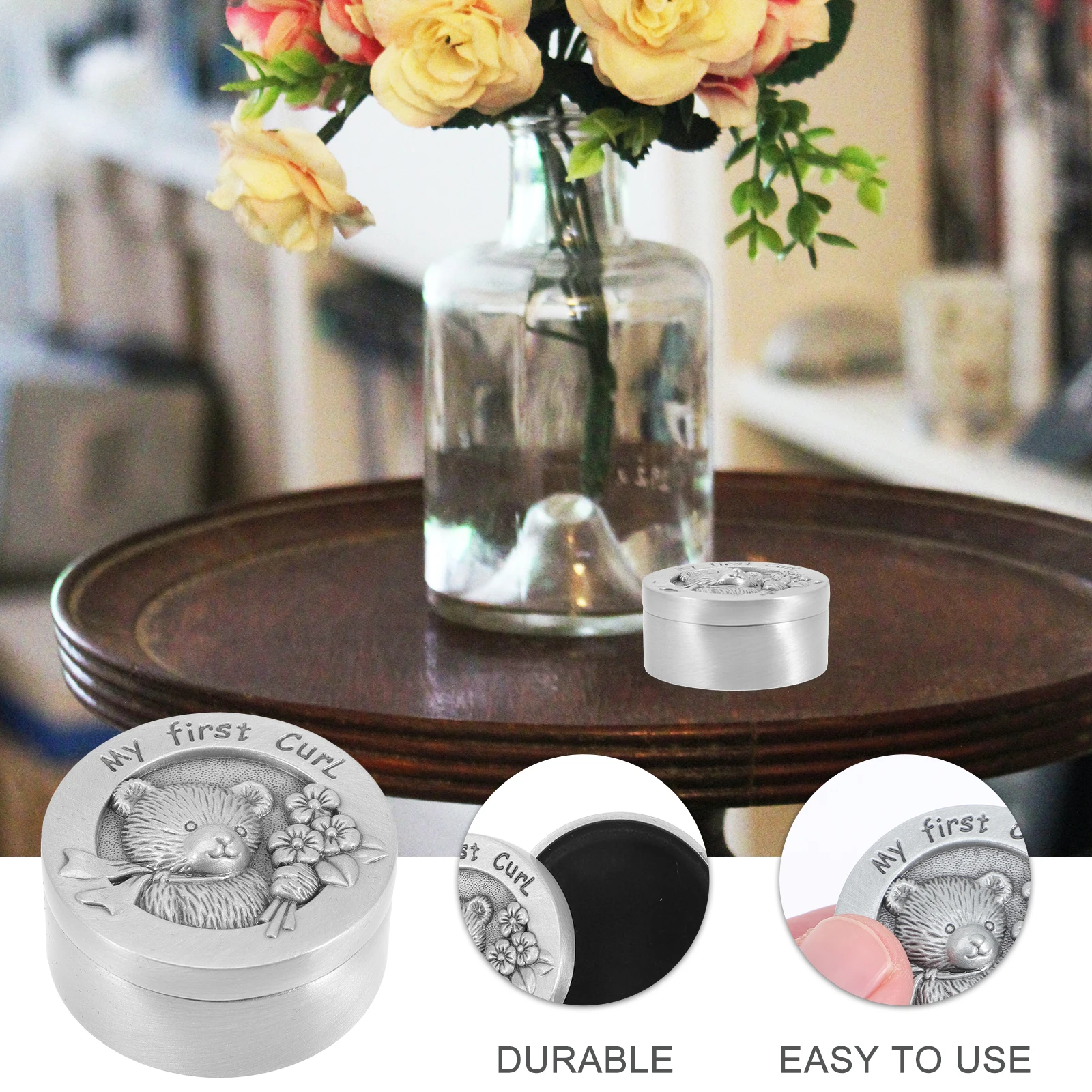 

Fetal Hair Keepsake Box Baby Curl Storage Round Cartoon Design Metal Baby Infant Fetal Case