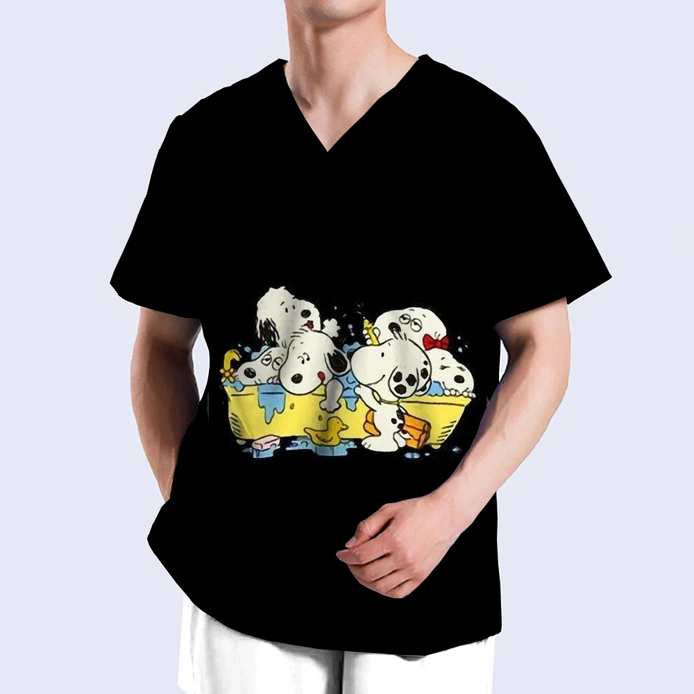 Medical uniform men's nurse Snoopy printed frosted cloth solid V-neck short sleeved shirt hospital top surgical gown men's denti