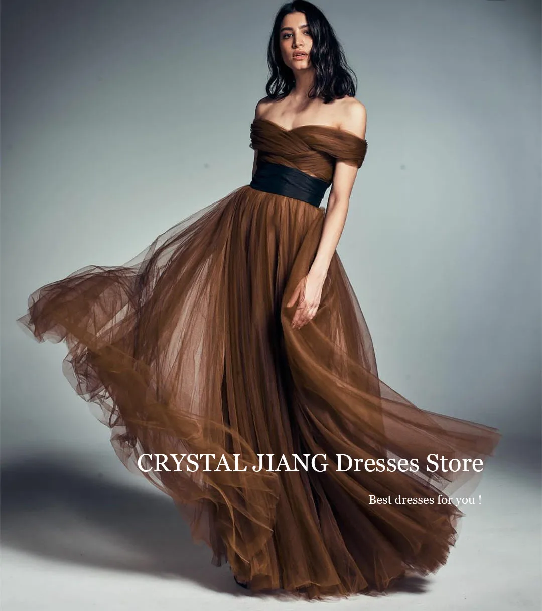 Elegant Long Off the Shoulder Brown Tulle Evening Dresses with Belt فساتين سهره A Line Floor Length Vestidos De Gala Mujer