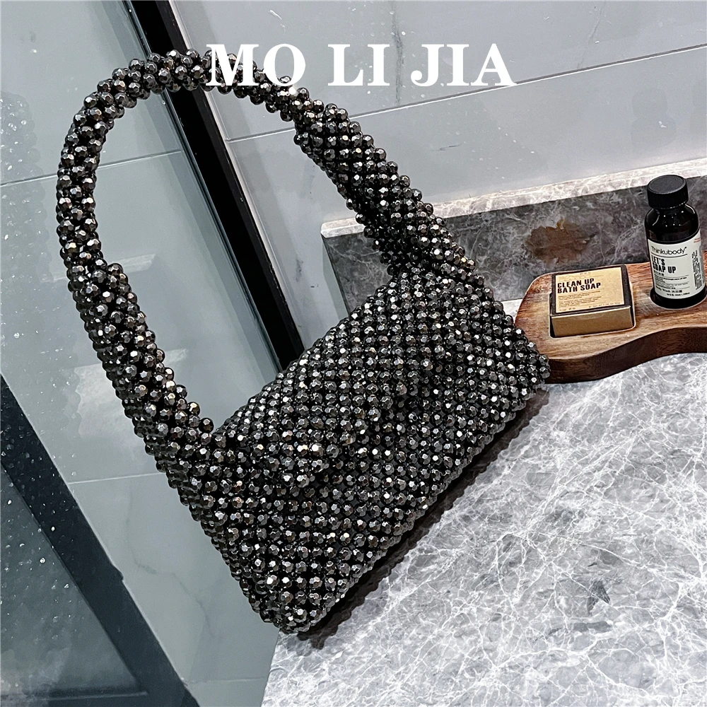 Silver Black Color Hollow Out Handmade Woven Metal Beads Beading Handbag Women Party Clutch Purse Female Shoulder Underarm Bag