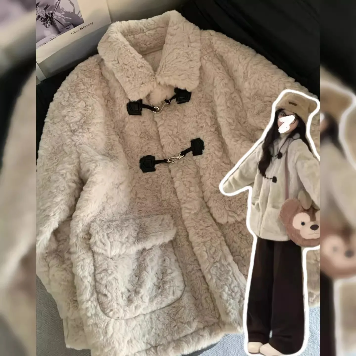 Korean Style Fluffy Sherpa Fleece Jacket Women Thick Warm Toggle Button Patch Pockets Loose Fit Coat Casual Daily Winter Outfit
