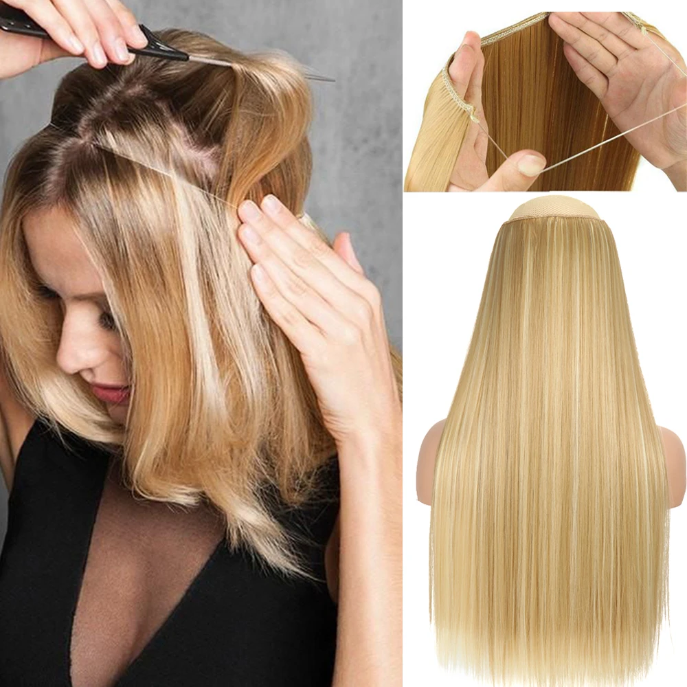 

Synthetic No Clip Invisible Wire Hair Extensions Straight Black Blonde One Piece False Hairpiece Hair Extension