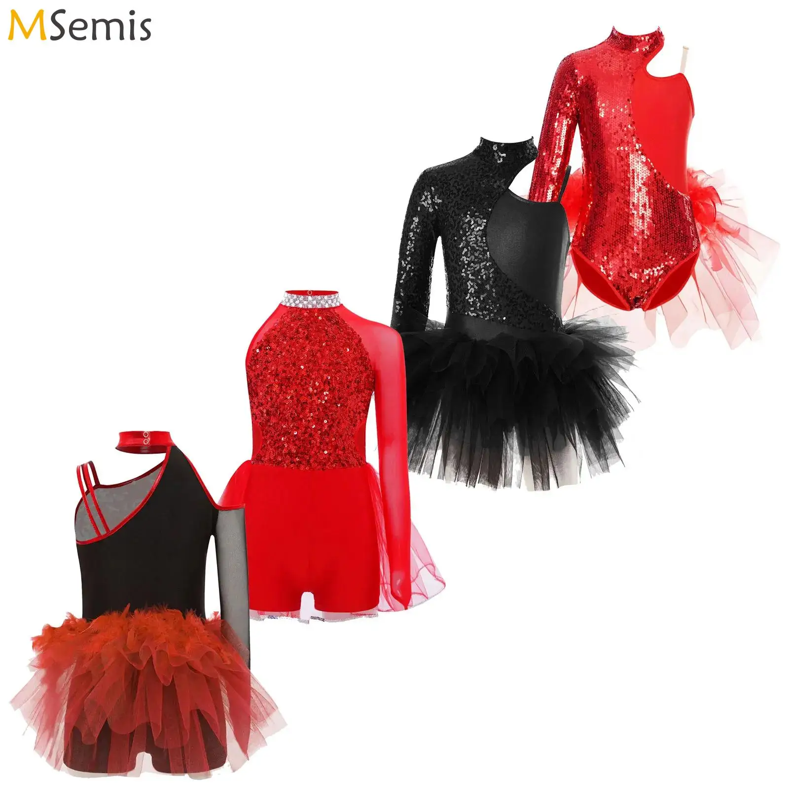 

Детский комбинезон для балета и танцев для девочек, гимнастический купальник с блестками, тюлевые юбки, платье с асимметричными рукавами, джазовые платья для фигурного катания