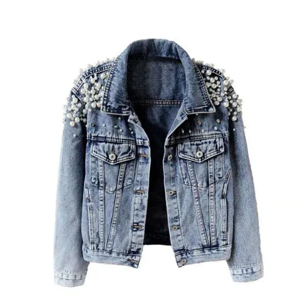 Spring and Summer Heavy Beaded Denim Jacket Women\'s Short Long Sleeve Fashion Jacket Large Pearl Denim Jacket Coat for Women