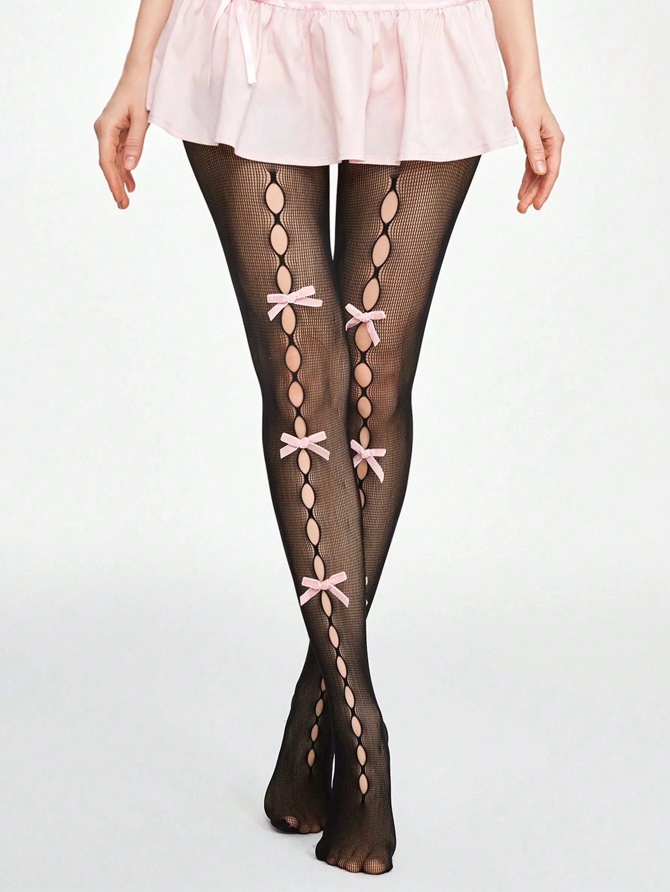 

Kawaii Pink Bowknot Black Hollow Out Fishnet Tights for Women, Four Seasons Style