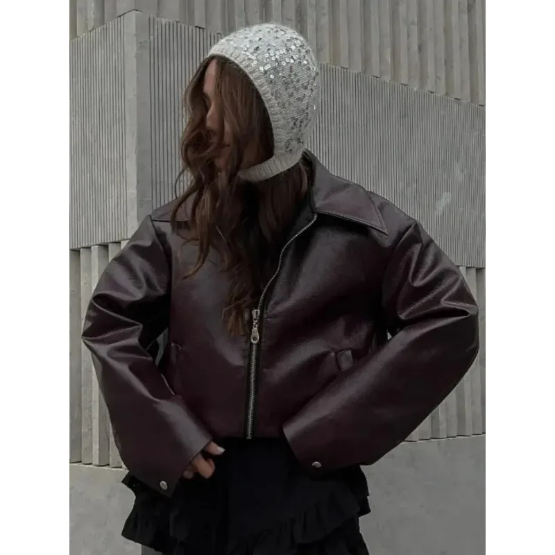 

Elegant Solid Zipper Leather Short Jackets Women Solid Long Sleeves Lapel Bomber Jacket New Fashion Commute Streetwaer