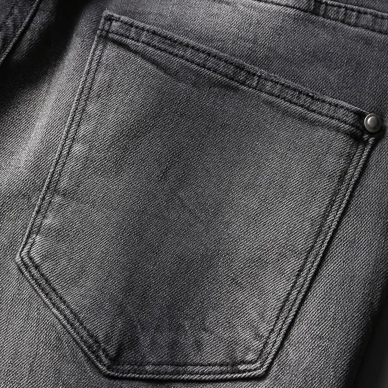 High Street Fashion Men Jeans Retro Black Gray Stretch Slim Fit Spliced Designer Biker Jeans Homme Patched Hip Hop Denim Pants