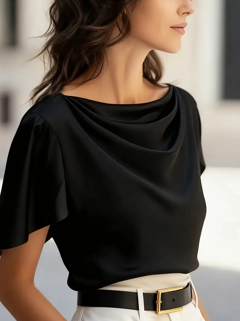 Elegant Draped Collar Butterfl - Shirt Camp Collar ulasan dan harga