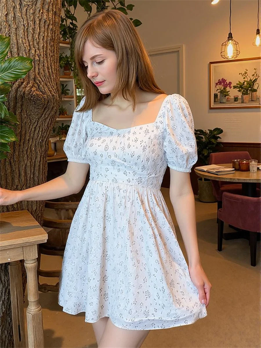 فستان نسائي أبيض أنيق أنيق فضفاض مناسب صغير زهري بدون ظهر سبليت سفلي طراز عتيق دانتيل بوهو بأكمام منتفخة صيفية #2