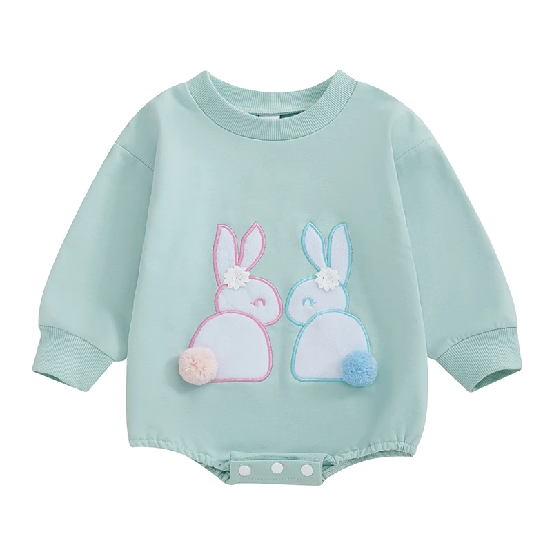 Baby Easter Bubble Romper Rabbit Embroidery Crew Neck Long Sleeve Sweatshirt Jumpsuit Spring Clothes