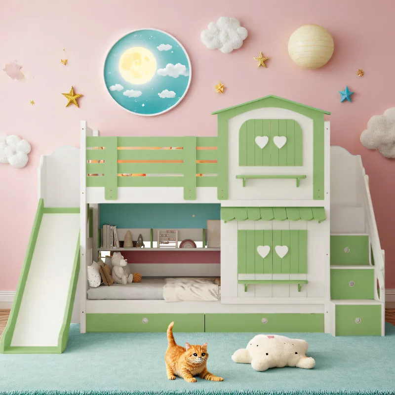 Children's bed Girl bunk bed Two-layer pink princess wind castle bed Slide bunk