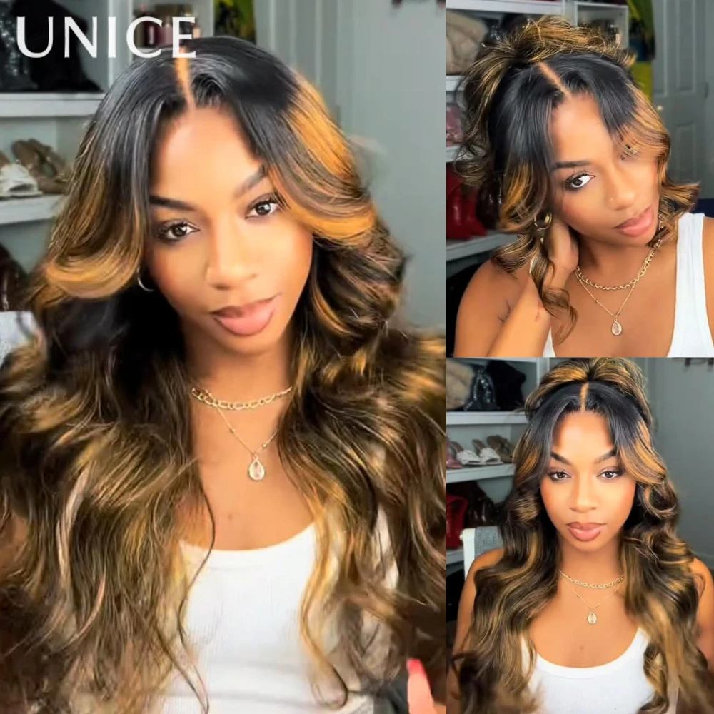 UNice 7x5 Bye-Bye Slip™ Lace Brown Highlight Ombre Body Wave Wig Human Hair Pre Cut Pre Bleached Drawstring Glueless Wig 150%