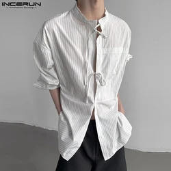 2024 Men Striped Shirt Ruffle Stand Collar Long Sleeve Lace Up Casual Men Clothing Loose Streetwear Fashion Shirts S-5XL INCERUN