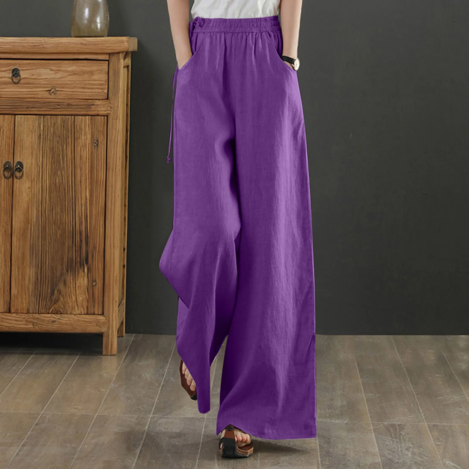 2025 Cotton Linen Wide Leg Pants Plus Size Trousers Women Spring Summer Elastic Waist Casual Loose Ankle-length Pant