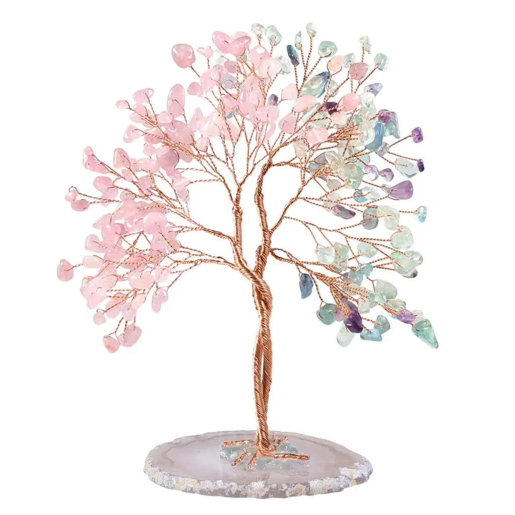 Imagem -04 - Artesanal de Quartzo Rosa e Água Marinha Árvore de Cristal com Ágata Slice Base Lucky Money Tree Feng Shui Home Decor