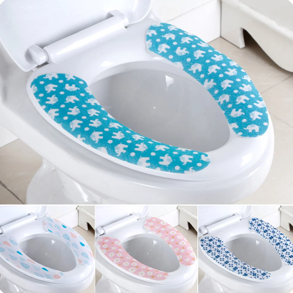 5 Pair Bathroom Toilet Seat Cushion Cartoon Style Sticky Washroom Warmer Washable Health Toilet Seat Lid Cover Pads(Random