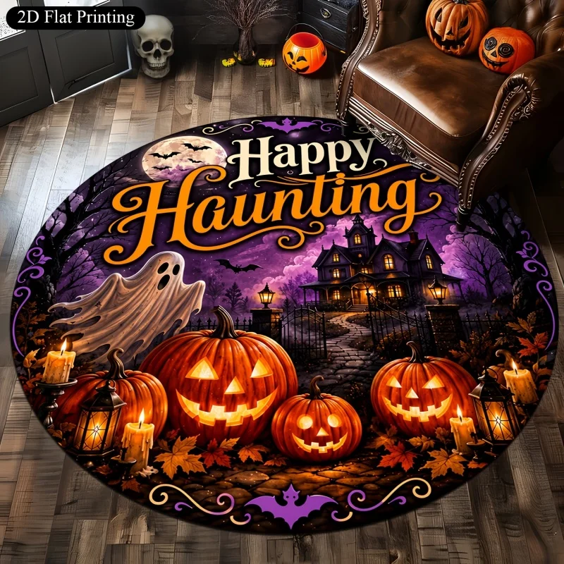 Happy Haunting Ghost Pumpkin Halloween Round Rug,Haunted House Candle Bat Printed Circular Floor Carpet,Spooky Holiday Decor