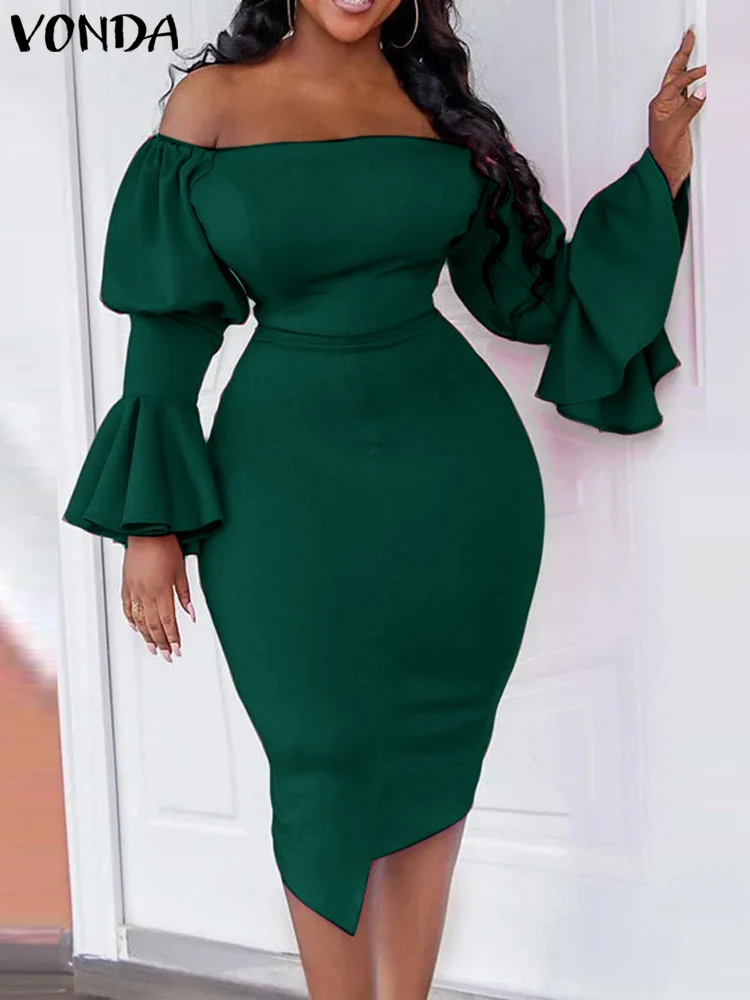 VONDA 2024 Women Autumn Ruffle Long Sleeve Dress Casual Knee-length Office Sundress Off The Sholuder Robe Simple Elegant Vestido