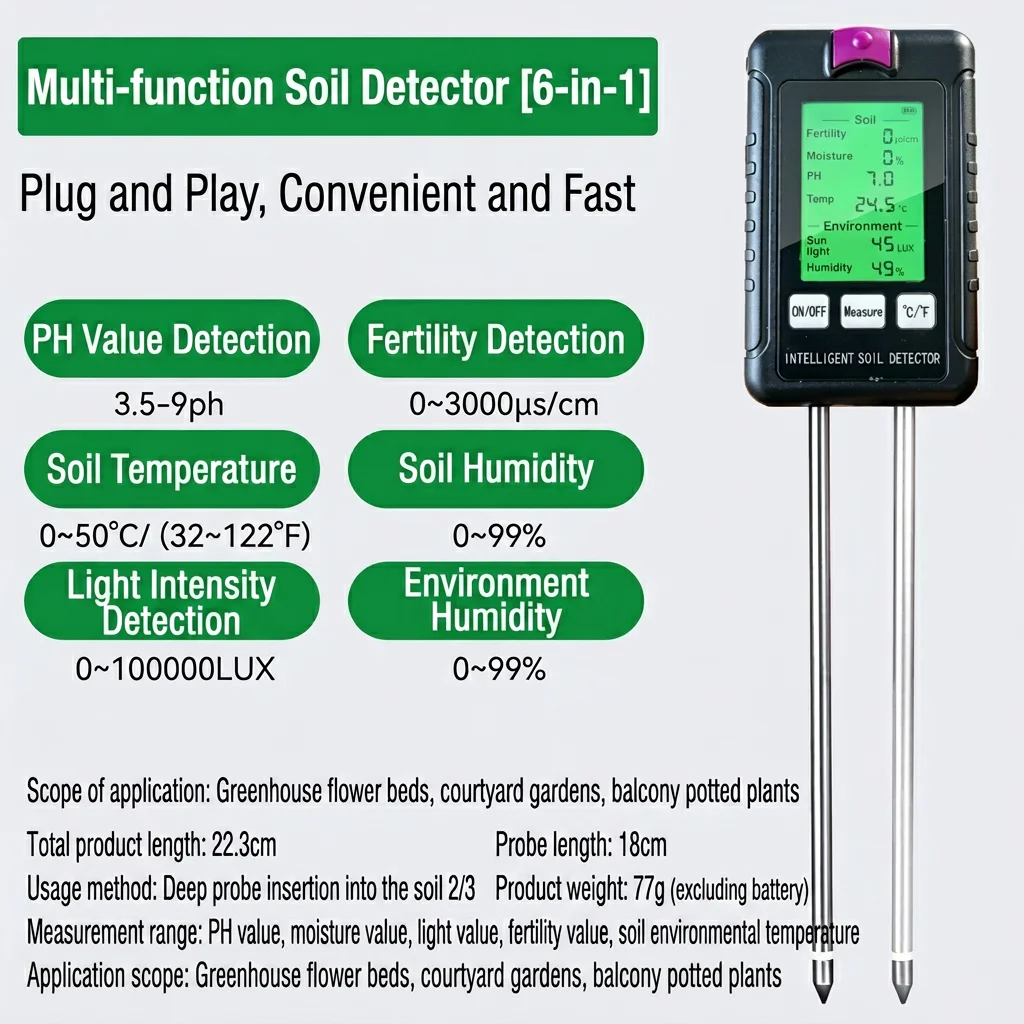 High Quality 6 in 1 Moisture Fertility Humidity sunlight Temperature air Huminity Soil ph Meter Digital for Farming Support OEM