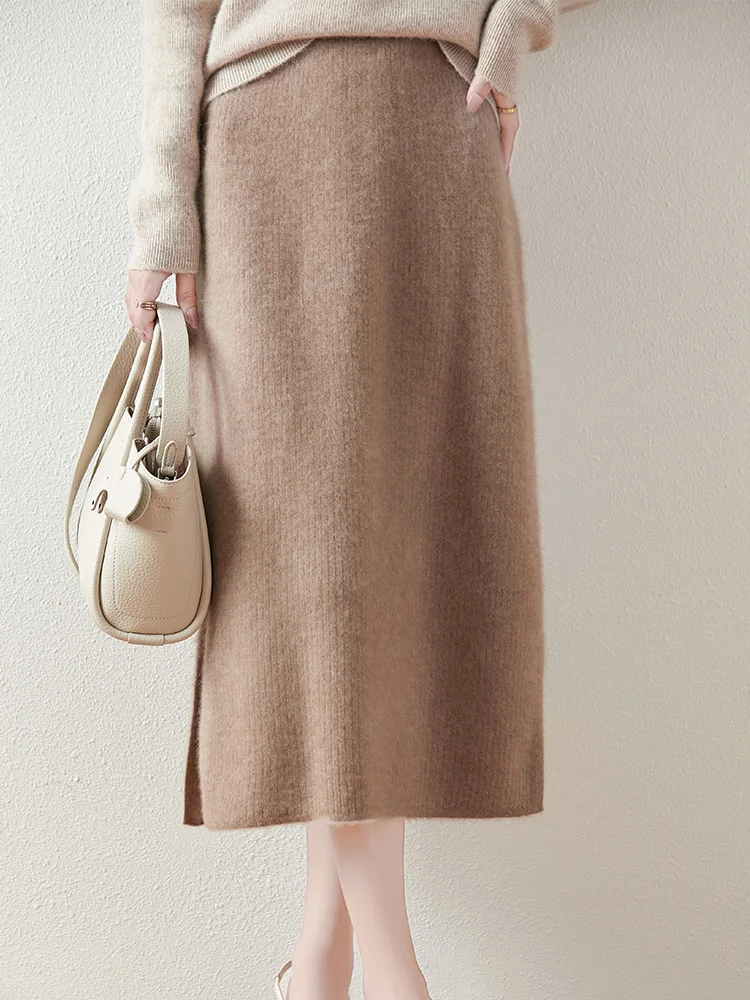 

Autumn Winter Elegant 100% Merino Wool Knitted Skirt Women's Slim A-line Vent Skirt High Waisted Versatile Office Lady Dress