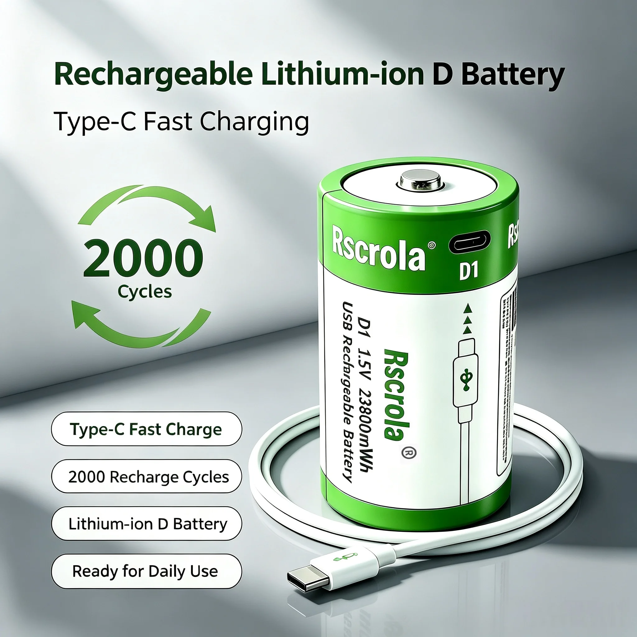 1.5V D Size Rechargeable Battery  USB Li-ion  23800mWh D Battery D Lithium Battery for Gas Cooker Water Heater Flashlight Radios