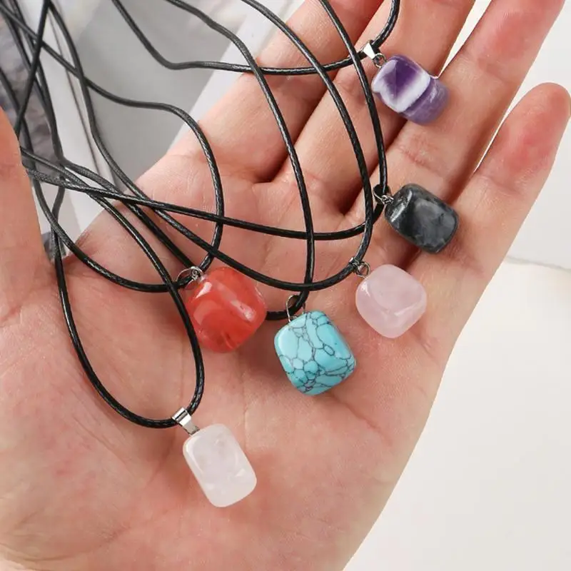 Natural Chakra Crystal Pendant Necklaces Polished Assorted Stones Black Leather Cord For Daily Wear And Gifting