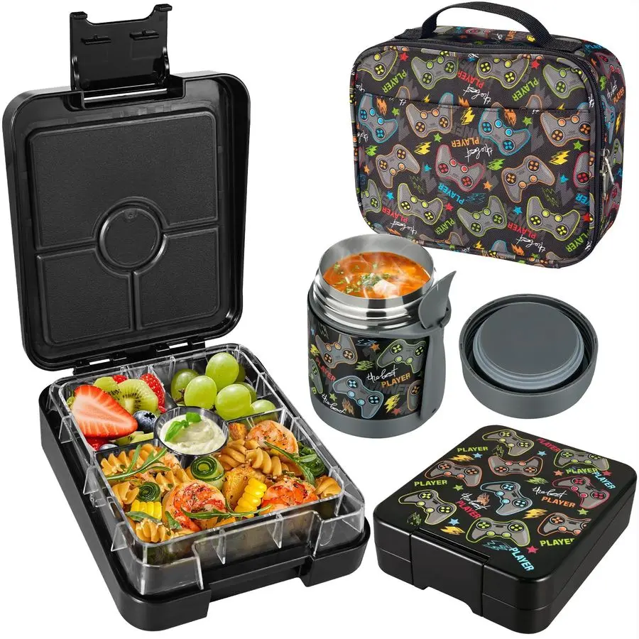 

Lunch Box Set With 10oz Soup Thermo, Leakproof Lunch Containers with 4 Compartment, Kids Hot Thermo Food Jar Insulation Lunch Ba